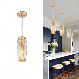 WISBEAM Brushed Gold Crystal Pendant Lights Fixture, 1-Light Kitchen Island Pendant Lights with E26 Medium Base Max. 60 Watts, ETL Rated, Bulbs not Included, Pendant Lighting for Living Room Bedroom