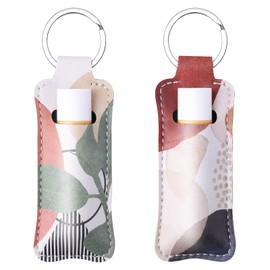 Gerkia Two-piece Chapstick Holder KeyChain，Cute Leather Women and Men Lip Balm Holder Lipstick Key Chain. (Flora-7)
