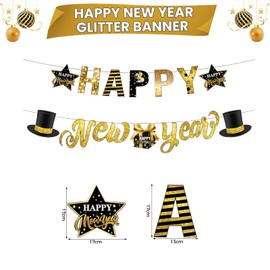 New Year's Eve Decoration 2025 Garland Banner, Happy New Year Garland Black Gold, Happy New Year Decoration, New Year Decoration Garlands for New Year's Eve Decoration, New Year's Eve Decoration, 2025