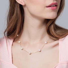 JFUME Mother Day Gift for Women Cultured Freshwater White Pearl Necklace With 925 Sterling Silver 18inch and Extension Adjustable