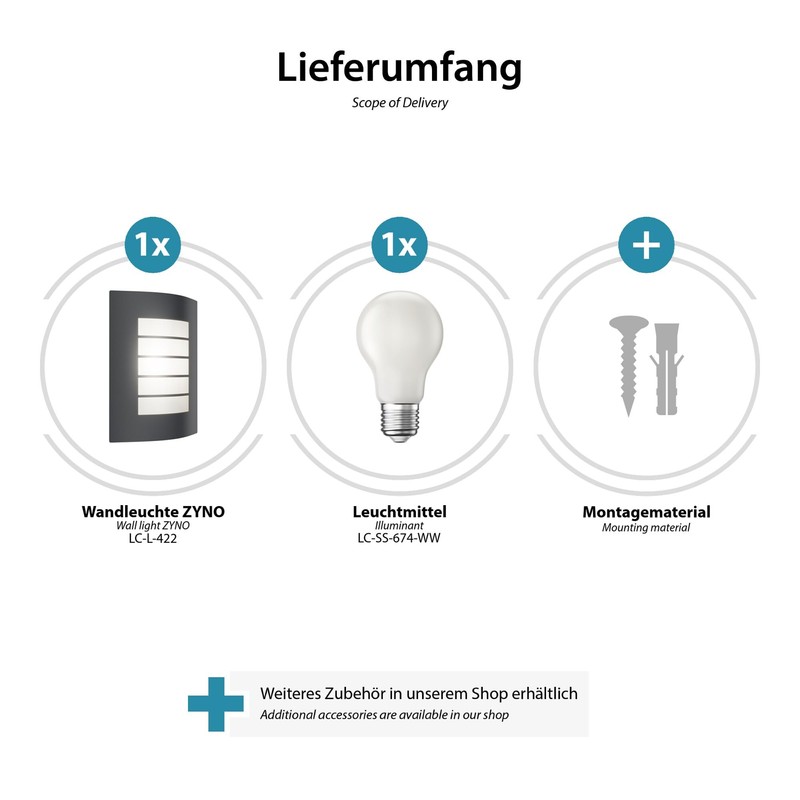 ledscom.de Wandleuchte ZYNO, für außen, IP44, anthrazit, inkl. E27 LED,