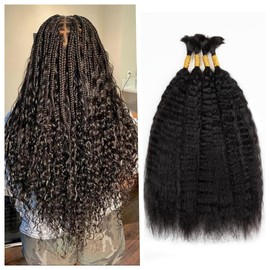 Kinky Straight Human Braiding Hair for Boho Braids Wet and Wavy Bulk Human Hair For Braiding No Weft 100g (1Pack-4PCS) Yaki Straight Bulk Human Hair for Micro Braiding (Natural Black, 16 Inch)