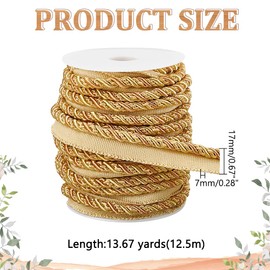WADORN 13.67 Yards Twist Lip Cord Trim, 5/8 Inch Polyester Upholstery Trim Cord Rope Ribbon Basic Handmade Cord Trim for Costume DIY Crafts Decoration Upholstery Curtain Tieback, Gold