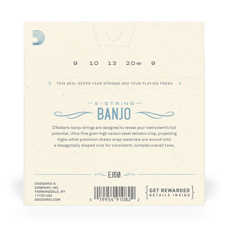 D'Addario Banjo Strings, Nickel-Plated Steel, EJ60, Light Gauge 9-20, 5-String