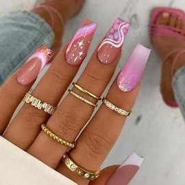 White French Tip Press on Nails Long Ballerina Fake Nails with Colorful Wavy Glitter Powder Design Glue on Nails Acrylic Nails Decorate False Nails with Glue Pink Gradient Stick on Nails For Women Girls 24Pcs