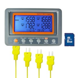 Gain Express 4 Channels K Type Thermocouple Temperature Data Logger Recorder with SD Card, High Accuracy, Large LCD Display, High/Low Alarm