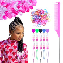 Ningrou 406 Pcs Hair Beads Kit for Kids Girls, 200Pcs 12x11mm Hair Beads for Braids, 200Pcs Mini Elastic Rubber Bands, 5Pcs Quick Beaders, DIY Large Pony Beads for Hair Loc Dreadlock Beads for Women