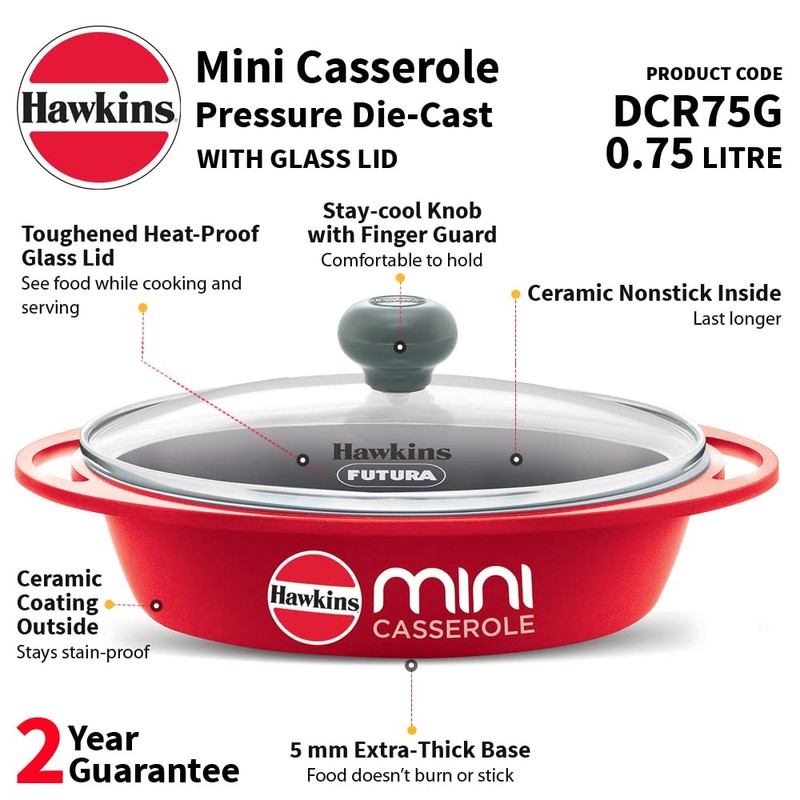 Hawkins 0.75 Litre Mini Casserole with Glass Lid, Oval Shaped