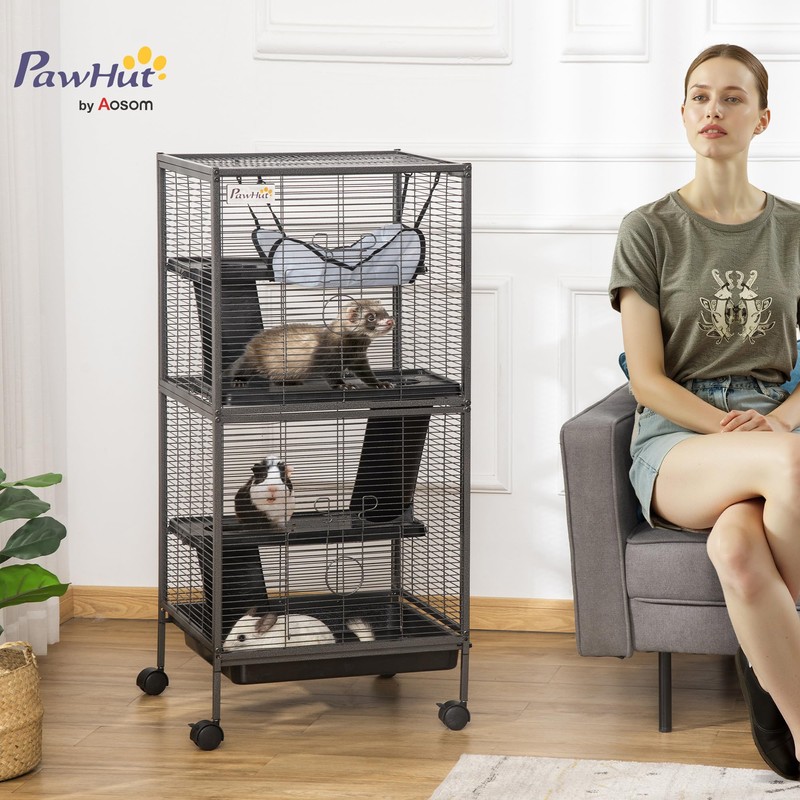 PawHut Metal Small Animal Cage, 4-Tiers Rolling Big Ferret Cage