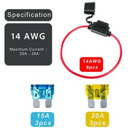 ciciment 6 Pcs Inline Fuse Holder 32V 14AWG, Waterproof Blade Fuse Holder with Copper Wire, Includes 3 * 15A 3 * 20A Fuses for Car, Truck, Motorcycle, Boat