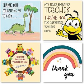 Teacher Thank You Cards Multipack of 4. Each Greeting Cards Pack includes 4 Designs (Vol 1). 115 x 115mm. Blank Inside. Envelopes included. Made in UK.