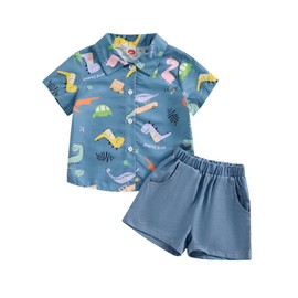 ESSECMBS Toddler Baby Boys Summer Cute Dinosaur Clothing Set 2 Pieces Short Sleeve Lapel Collar Button-Down Shirts Blouse Plain Shorts Boys Gentleman Clothing, Blue 2