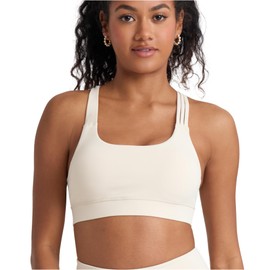 POPSUGAR Sports Bra for Women, Criss-Cross Back Padded Strappy Yoga Bra Workout Tops with Medium Support and Removable Cups Latte, Medium