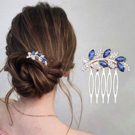 Aneneiceera Vintage Rhinestone Hair Comb Barrette Gold Crystal Leaf Hair Clip Comb CZ Hair Clip Headwear Shiny Wedding Comb Decorative Headpiece Hair Accessories for Women (Blue)