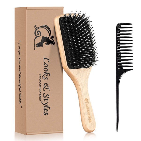 Hair Brush, Sosoon Boar Bristle Paddle Hairbrush for Long Thick