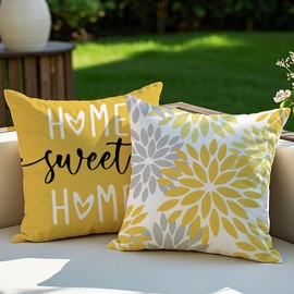 Vorysum Set of 2 Cushion Covers, 40 x 40 cm, Yellow Dahlia Outdoor Cushion, Modern Cushion Covers, Flowers, Decorative Sofa Cushion, Velvet Look for Garden, Sofa, Living Room, Bed, Double-Sided