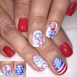 24Pcs Independence Day Press on Nails Short Square 4th of July Fake Nails with Fireworks American Flag Design Red Blue Glue on Nails Patriotic False Nails for Women 4th of July Nails DIY Nails Salon