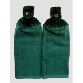HUNTER GREEN - HANDMADE CROCHET TOP KITCHEN TOWELS - SET OF 2 (GREEN)
