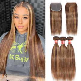 haha Extensiones De Cabello Humano Brasileño Con Reflejos Rubio Miel Cierre Liso P4/27 Rubio Castaño Ombré Cierre De Encaje 4X4 Tejido De Cabello Humano Crudo Para Coser 14 16 18+12
