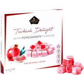 Turkish Delight Pomegranate Flavor, Gourmet Medium Size Snacks Gift Box, Sweet Luxury Traditional Confectionery, Vegan Soft Candy Dessert Loukoumi, Nuts & Glucose-Free Lokum, Approx. 42 Pcs, 16 oz.
