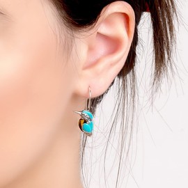 Kingfisher Bird Hook Dangle Earrings in Sterling Silver, Baltic Amber and Turquoise, Woodland Earrings, Gift for Nature Lover