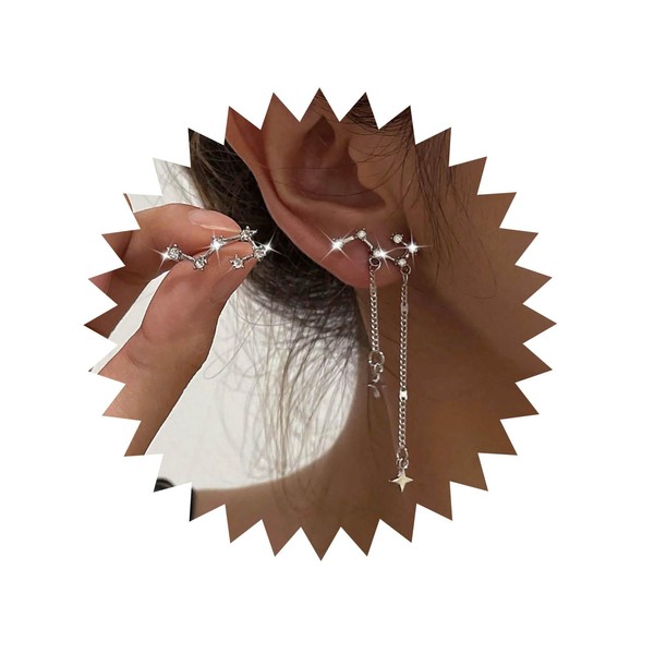 Atentuyi Boho Star Ear Climber Earrings Silver Chain Earrings Crystal