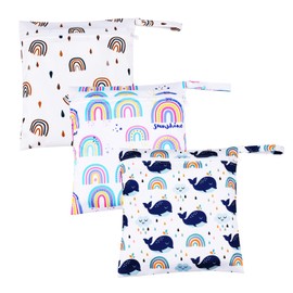 Kaisibum Pack of 3 Wet Bags, Wet Bag, Nursery Nappy Bag, Reusable Organiser Bags with Zip for Baby, Toddler, Nappies, Travel, Gym, Beach, Pool, Colourful, Cartoon