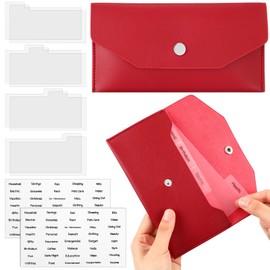 11 Pieces Cash Envelope Wallet PU Leather Cash Envelopes Cash Wallet Reusable Budget Envelope Cash Dividers for Wallets with Cash Envelope Tab Stickers for Bill Planner (Red Wallet)