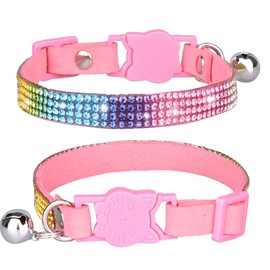 FUNAT Cat Collar with Rhinestones with Bell, Microfibre, Soft and Comfortable Cat Collar, Cat Collar with Cat Head Safety Buckle