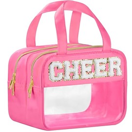 BuyCard - Bolsas de maquillaje transparentes de chenilla para viajes, parche preparado de nailon y PVC, bolsa de cosméticos con asas y cierre, imperme