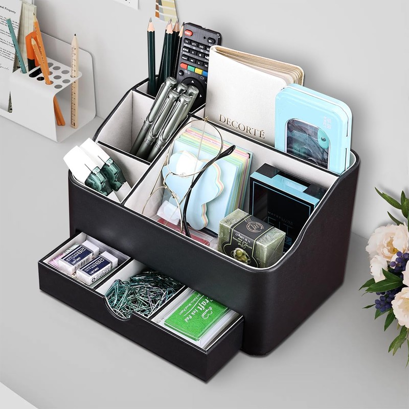 KINGFOM Leather Makeup Organizer with Drawer, Cosmetic Storage for Dresser