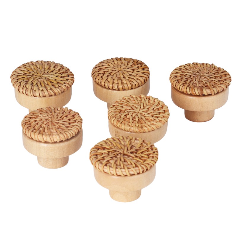 6pcs Round Drawer Knobs Wood Rattan Woven Handmade Drawer Pulls