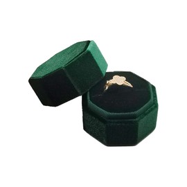 TINGFENG Velvet Ring Box Double Slots Octagon Ring Case Box Vintage Jewellery Case Velvet Ring Gift Box for Wedding Engagement Proposal Birthday Ceremony Holding 2 Rings (Dark green)