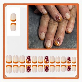 ONPRESS 24Pcs Fall Press on Nails Short Square Fake Nails with Maple Leaf Design Autumn Orange French Tips Glue on Nail Thanksgiving Nude Glossy Full Cover Acrylic Nail for Women Girls