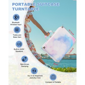 Watercolor Vinyl Record Player with Treble & Bass Control, Vintage 3-Speed Bluetooth Suitcase Portable Turntables with Built-in Speakers, 33 45 78 RPM LP Player Support RCA/AUX/Headphone Jack, Blue