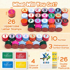 Toyssa Wooden Alphabet Number Stamp for Kids, ABC Spelling Learning Toys with Letter Stampers & 4 Ink Pads & Flashcards, Mathematics Preschool Educational Toys Gift for Kids Aged 3 4 5 Boys Girls