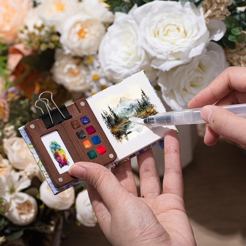 Qilery Mini Portable Watercolor Palette Set Wooden Grid Paint Box