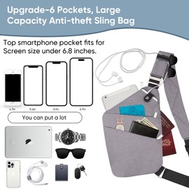VADOO Anti-theft Crossbody Bag for Women and Men, Sling Bag Personal Flex Bag Lightweight Shoulder Chest Bag for Travel Hiking (Gray)