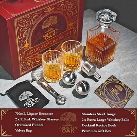 Aberdeen Oak Liquor Decanter 10 Pc Set Bourbon Whisky Scotch w/ Recipe Book NIB