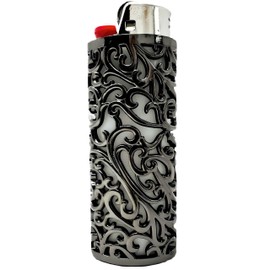 Metal Lighter Case Compatible BIC Standard J6 - Durable Lighter Cover and Holder Pouch for BIC Lighters, Flowing Curves Ornate Design in Silver or Black