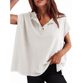 Tankaneo Womens Oversized Cap Sleeve Polo Shirts Summer Casual V Neck Tops Loose Fit Collared Cotton Tee Shirts White