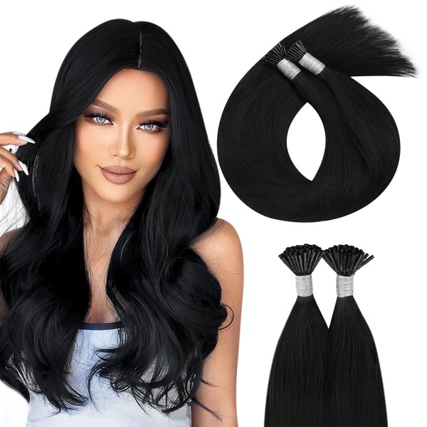 Moresoo I-Tip Extensions Real Hair 22 Inches / 55 cm Bonding Extensions Real Hair #1 Jet Black Keratin Bondings Real Hair Pre Bonded Hair Extensions Real Hair, 1G/S 40G/Pack