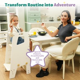 GroowingMind® Toddler Tower with Seat – 2-in-1 Montessori Standing Tower & Toddler Step Stool | Adjustable, Safe & Loved by Parents