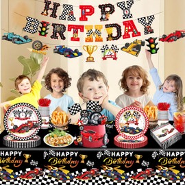 Bzxxysi Race Car Birthday Party Supplies Tableware Set Racing Car Party Decorations Include Plates, Napkins, Cups, Fork, Tablecloth, Banner for Race Car Theme Birthday Decorations, Serve 24