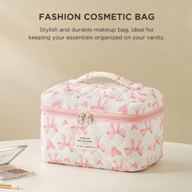 HBselect Quilted Makeup Bag, Portable Cotton Large Travel Makeup Bag, Cute Coquette Pink Floral Cosmetic Bags Toiletry Bags for Women Teen Girls Mom