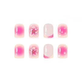 SINHOT Square Press on Nails Short - 3D Flower Fake Nails Glossy Glue on Nails Pink Yellow Ombre Nails 3D Swirl Squoval Artificial Nails Stick on False Nails with Design 24pcs