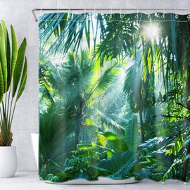 LB Green Forest Shower Curtain, Tropical Jungle Shower Curtains with Hooks, Banana Leaves, Palm Plant Bath Curtain, Waterproof, Anti-Mould, Polyester Bathroom Curtains, 180 x 180 cm
