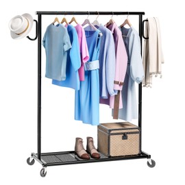 Ekisemio Clothing Garment Rack on Wheels, Heavy Duty Clothes Organizer with Bottom Mesh Shelf for Hanging Clothes, Side with 2 Hooks, Black