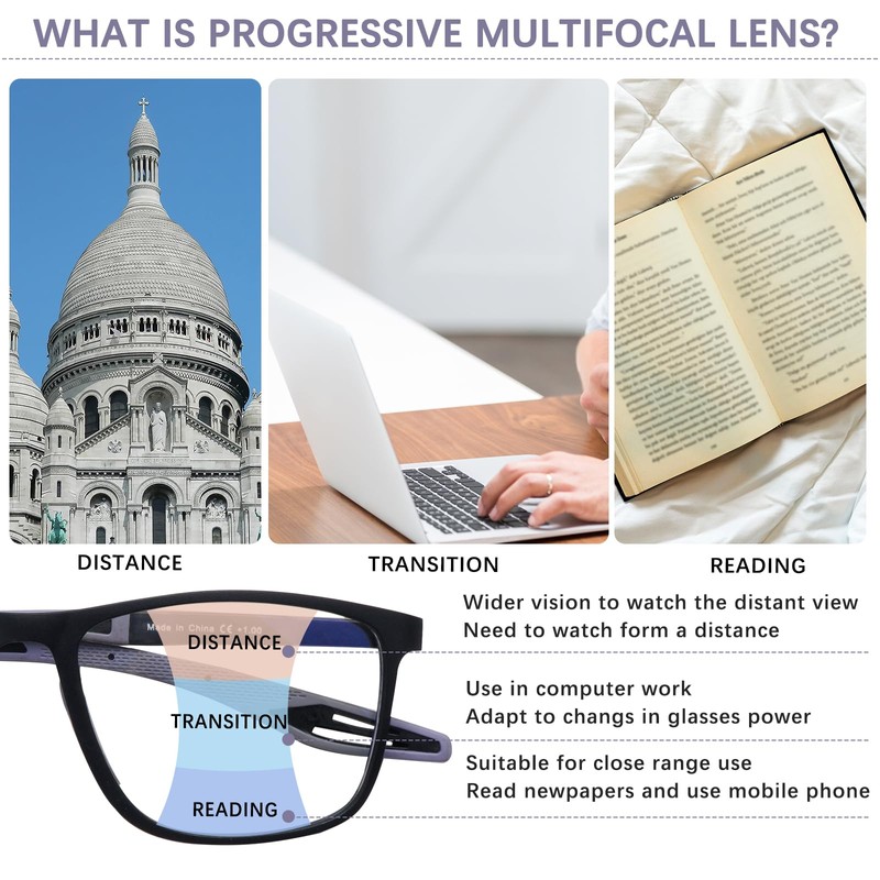 CLASAGA Progressive Multifocal Reading Glasses for Men Photochromic Gray Sunglasses
