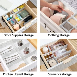 14.5 in White Adjustable Drawer Dividers, TWUTGAYW 8PC DIY Grid Drawer Organizer Dividers, Plastic Organizer Separator for Socks Underwear Makeup Cosmetic Clothes Can Help Tidy Kitchen Bedroom Dresser